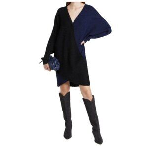 Amur Merino Wool Samira Two-Tone Navy and Black Sweater Dress Size Small